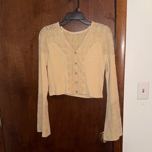 Buckle Cream Lace-Trim Ribbed Button Cardigan